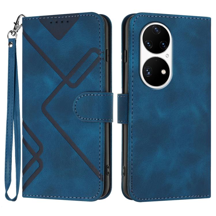 Line Pattern Skin Feel Leather Phone Case – Wear-resistant, Lanyard, Card Slot, For Huawei Enjoy 20e, For Huawei P50 Pro, For Huawei P50, For Huawei Enjoy 20 SE 4G For Huawei P50 Pro Royal Blue
