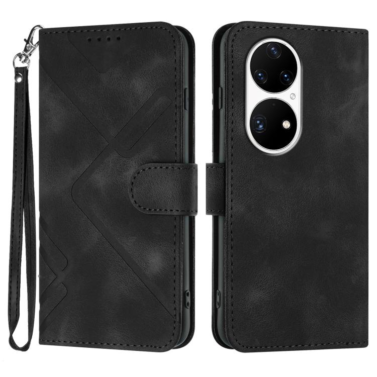 Line Pattern Skin Feel Leather Phone Case – Wear-resistant, Lanyard, Card Slot, For Huawei Enjoy 20e, For Huawei P50 Pro, For Huawei P50, For Huawei Enjoy 20 SE 4G For Huawei P50 Pro Black