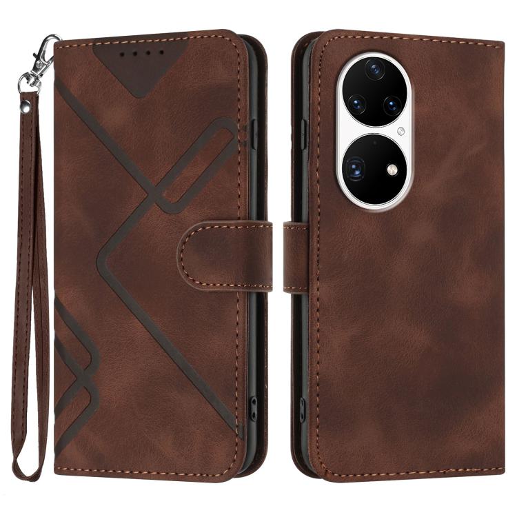 Line Pattern Skin Feel Leather Phone Case – Wear-resistant, Lanyard, Card Slot, For Huawei Enjoy 20e, For Huawei P50 Pro, For Huawei P50, For Huawei Enjoy 20 SE 4G For Huawei P50 Pro Coffee