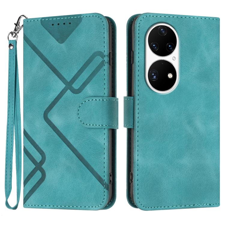 Line Pattern Skin Feel Leather Phone Case – Wear-resistant, Lanyard, Card Slot, For Huawei Enjoy 20e, For Huawei P50 Pro, For Huawei P50, For Huawei Enjoy 20 SE 4G For Huawei P50 Pro Light Blue