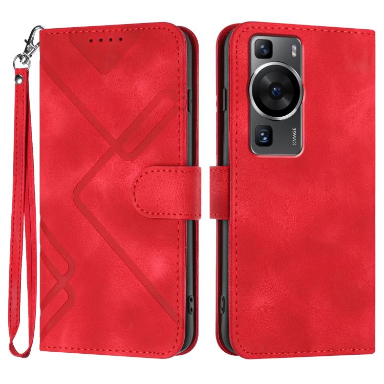 Line Pattern Skin Feel Leather Phone Case – Wear-resistant, Lanyard, Card Slot, For Huawei Enjoy 70, For Huawei P60 / P60 Pro, For Huawei Enjoy 50 Pro / nova Y90, For Huawei Enjoy 50 / nova Y70 For Huawei P60 P60 Pro Red