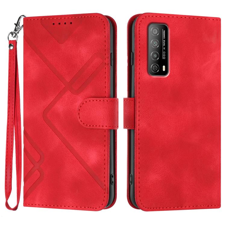 Line Pattern Skin Feel Leather Phone Case – Wear-resistant, Lanyard, Card Slot, For Huawei Enjoy 20e, For Huawei P50 Pro, For Huawei P50, For Huawei Enjoy 20 SE 4G For Huawei Enjoy 20 SE 4G Red