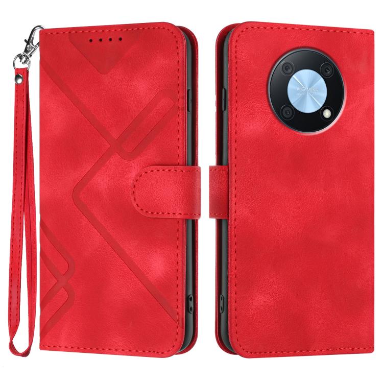 Line Pattern Skin Feel Leather Phone Case – Wear-resistant, Lanyard, Card Slot, For Huawei Enjoy 70, For Huawei P60 / P60 Pro, For Huawei Enjoy 50 Pro / nova Y90, For Huawei Enjoy 50 / nova Y70 For Huawei Enjoy 50 Pro nova Y90 Red