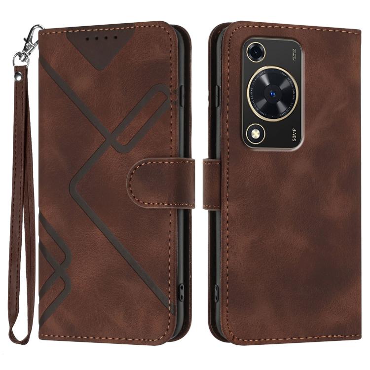 Line Pattern Skin Feel Leather Phone Case – Wear-resistant, Lanyard, Card Slot, For Huawei nova 12i, For Huawei nova 12s, For Huawei nova Y72, For Huawei nova 12 Pro / nova 12 Ultra For Huawei nova Y72 Coffee