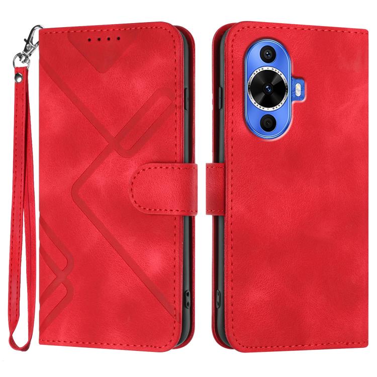Line Pattern Skin Feel Leather Phone Case – Wear-resistant, Lanyard, Card Slot, For Huawei nova 12i, For Huawei nova 12s, For Huawei nova Y72, For Huawei nova 12 Pro / nova 12 Ultra For Huawei nova 12s Red