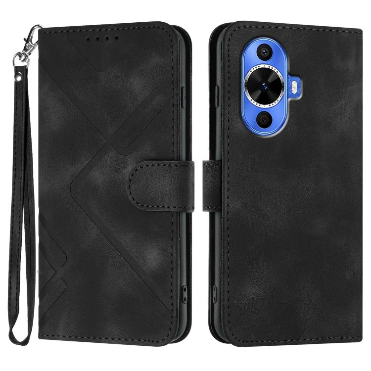 Line Pattern Skin Feel Leather Phone Case – Wear-resistant, Lanyard, Card Slot, For Huawei nova 12i, For Huawei nova 12s, For Huawei nova Y72, For Huawei nova 12 Pro / nova 12 Ultra For Huawei nova 12s Black