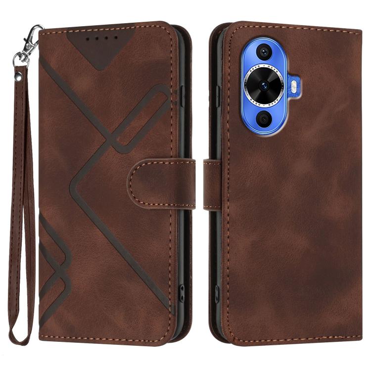 Line Pattern Skin Feel Leather Phone Case – Wear-resistant, Lanyard, Card Slot, For Huawei nova 12i, For Huawei nova 12s, For Huawei nova Y72, For Huawei nova 12 Pro / nova 12 Ultra For Huawei nova 12s Coffee