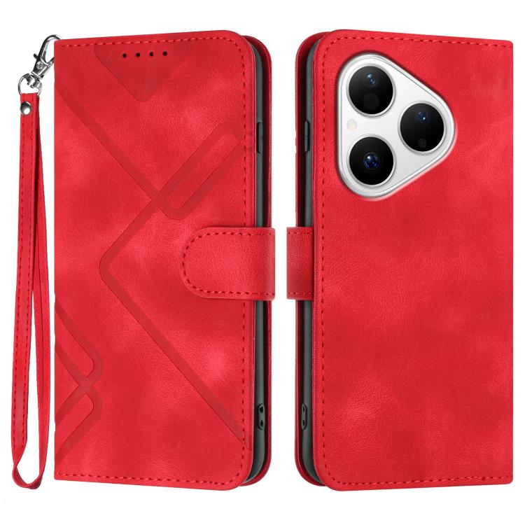 Line Pattern Skin Feel Leather Phone Case – Wear-resistant, Lanyard, Card Slot, For Huawei Enjoy 80 Plus, For Huawei Pura 80 5G, For Huawei Mate 70 Pro / Mate 70 Pro+, For Huawei Mate 70 For Huawei Pura 80 5G Red