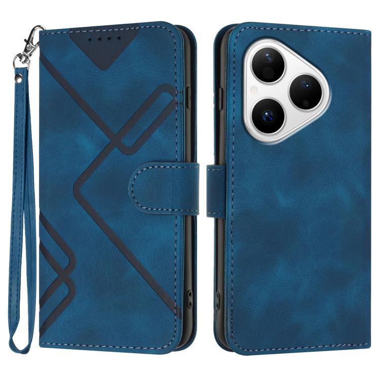 Line Pattern Skin Feel Leather Phone Case – Wear-resistant, Lanyard, Card Slot, For Huawei Enjoy 80 Plus, For Huawei Pura 80 5G, For Huawei Mate 70 Pro / Mate 70 Pro+, For Huawei Mate 70 For Huawei Pura 80 5G Royal Blue