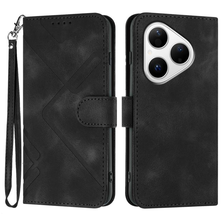 Line Pattern Skin Feel Leather Phone Case – Wear-resistant, Lanyard, Card Slot, For Huawei Enjoy 80 Plus, For Huawei Pura 80 5G, For Huawei Mate 70 Pro / Mate 70 Pro+, For Huawei Mate 70 For Huawei Pura 80 5G Black