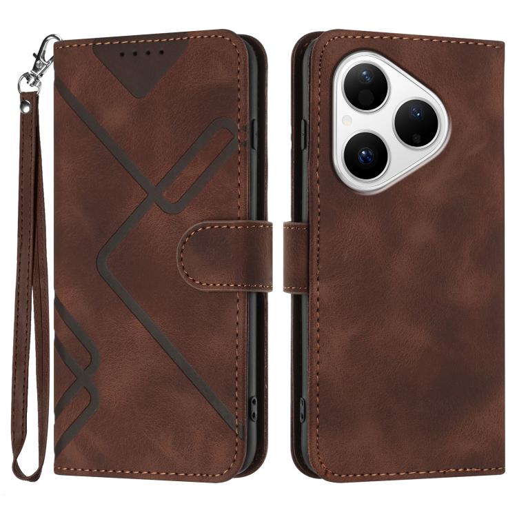 Line Pattern Skin Feel Leather Phone Case – Wear-resistant, Lanyard, Card Slot, For Huawei Enjoy 80 Plus, For Huawei Pura 80 5G, For Huawei Mate 70 Pro / Mate 70 Pro+, For Huawei Mate 70 For Huawei Pura 80 5G Coffee