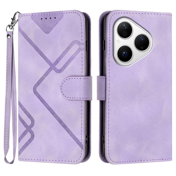 Line Pattern Skin Feel Leather Phone Case – Wear-resistant, Lanyard, Card Slot, For Huawei Enjoy 80 Plus, For Huawei Pura 80 5G, For Huawei Mate 70 Pro / Mate 70 Pro+, For Huawei Mate 70 For Huawei Pura 80 5G Light Purple