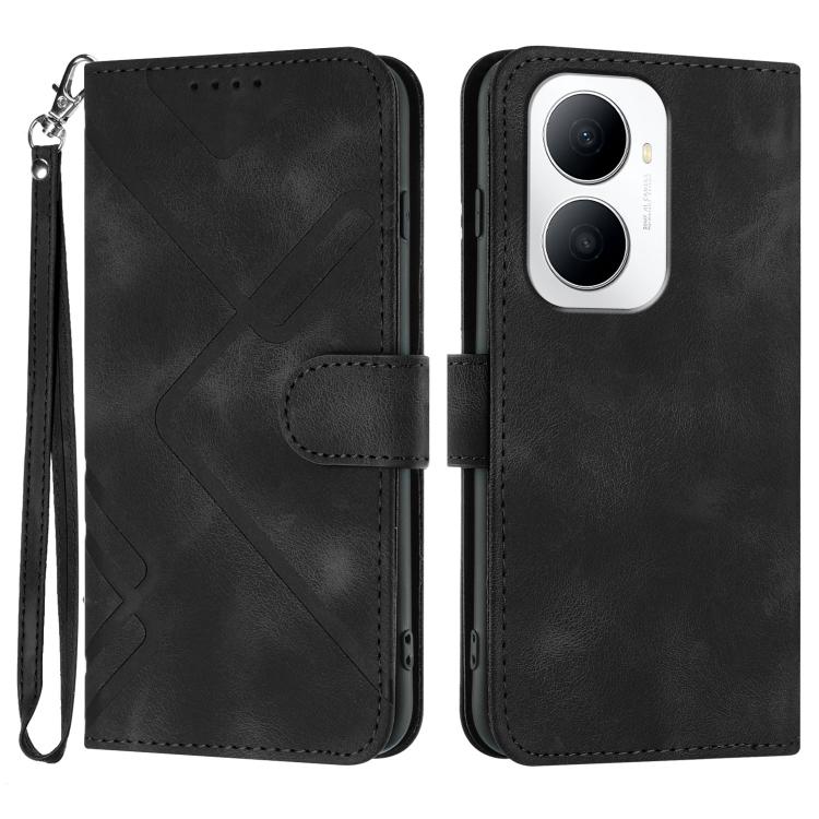 Line Pattern Skin Feel Leather Phone Case – Wear-resistant, Lanyard, Card Slot, For Huawei Enjoy 80 Plus, For Huawei Pura 80 5G, For Huawei Mate 70 Pro / Mate 70 Pro+, For Huawei Mate 70 For Huawei Enjoy 80 Plus Black