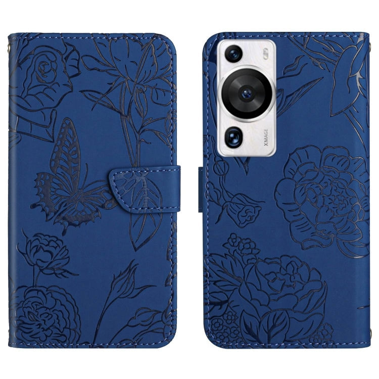 HT03 Skin Feel Butterfly Embossed Flip Leather Phone Case – Card Slot, Flip, Leather, For Huawei P60 Pro For Huawei P60 Pro Blue