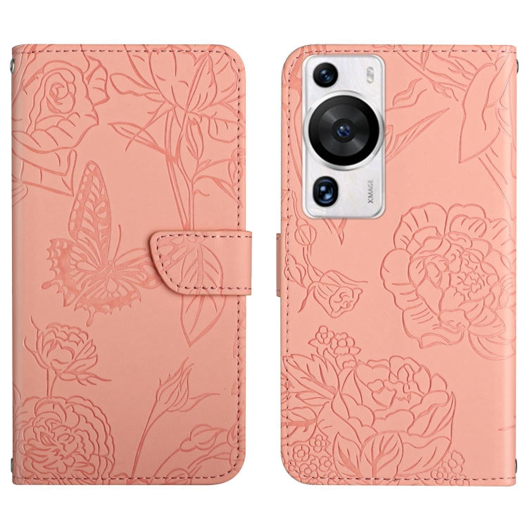 HT03 Skin Feel Butterfly Embossed Flip Leather Phone Case – Card Slot, Flip, Leather, For Huawei P60 Pro For Huawei P60 Pro Pink
