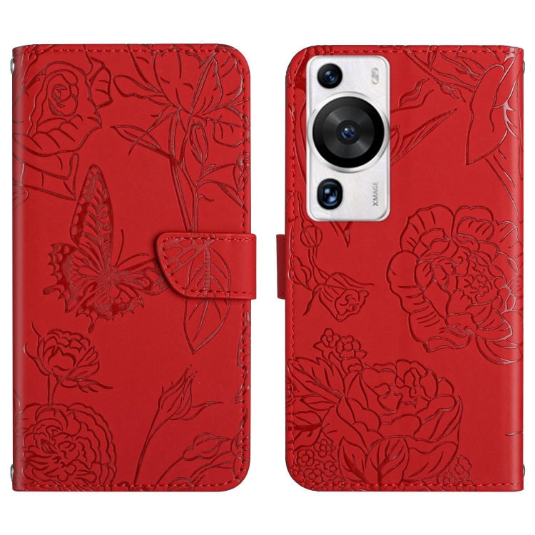 HT03 Skin Feel Butterfly Embossed Flip Leather Phone Case – Card Slot, Flip, Leather, For Huawei P60 Pro For Huawei P60 Pro Red