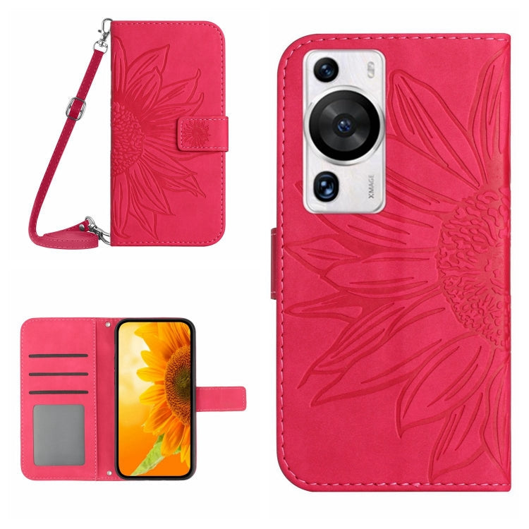 Skin Feel Sun Flower Embossed Flip Leather Phone Case with Lanyard – Lanyard, Card Slot, Flip, For Huawei P60 Pro For Huawei P60 Pro Rose Red