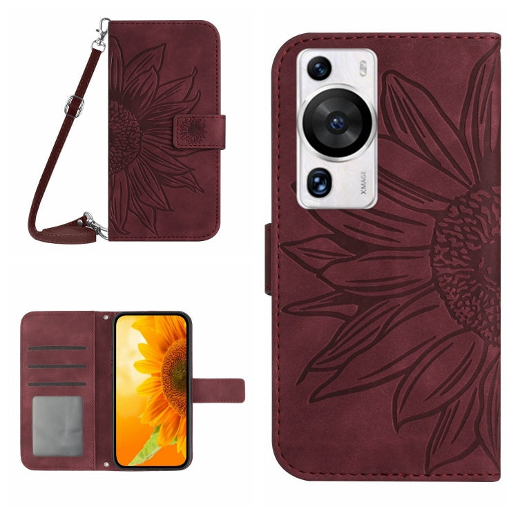 Skin Feel Sun Flower Embossed Flip Leather Phone Case with Lanyard – Lanyard, Card Slot, Flip, For Huawei P60 Pro For Huawei P60 Pro Wine Red