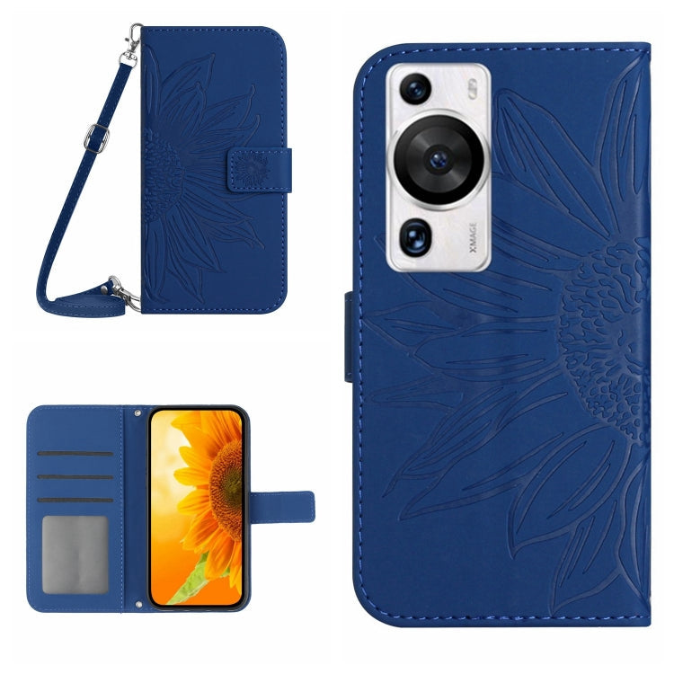 Skin Feel Sun Flower Embossed Flip Leather Phone Case with Lanyard – Lanyard, Card Slot, Flip, For Huawei P60 Pro For Huawei P60 Pro Dark Blue