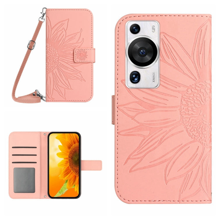 Skin Feel Sun Flower Embossed Flip Leather Phone Case with Lanyard – Lanyard, Card Slot, Flip, For Huawei P60 Pro For Huawei P60 Pro Pink