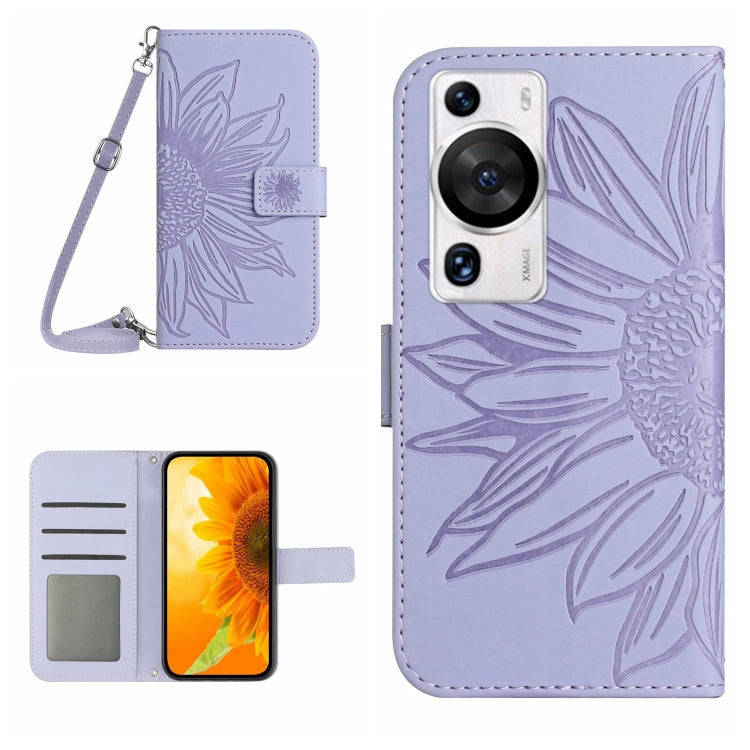 Skin Feel Sun Flower Embossed Flip Leather Phone Case with Lanyard – Lanyard, Card Slot, Flip, For Huawei P60 Pro For Huawei P60 Pro Purple