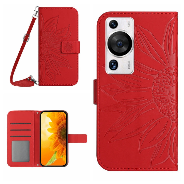 Skin Feel Sun Flower Embossed Flip Leather Phone Case with Lanyard – Lanyard, Card Slot, Flip, For Huawei P60 Pro For Huawei P60 Pro Red