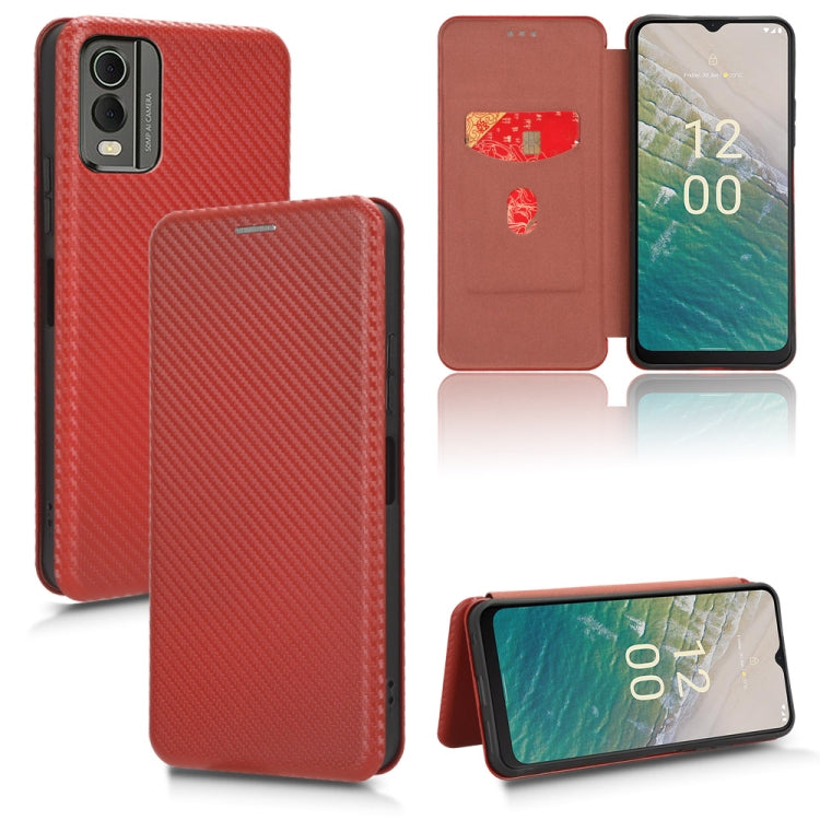 Carbon Fiber Texture Flip Leather Phone Case – Card Slot, Flip, Leather, For Nokia C32, For Nokia C12 / C12 Pro / C12 Plus, For Nokia C02 For Nokia C32 Brown