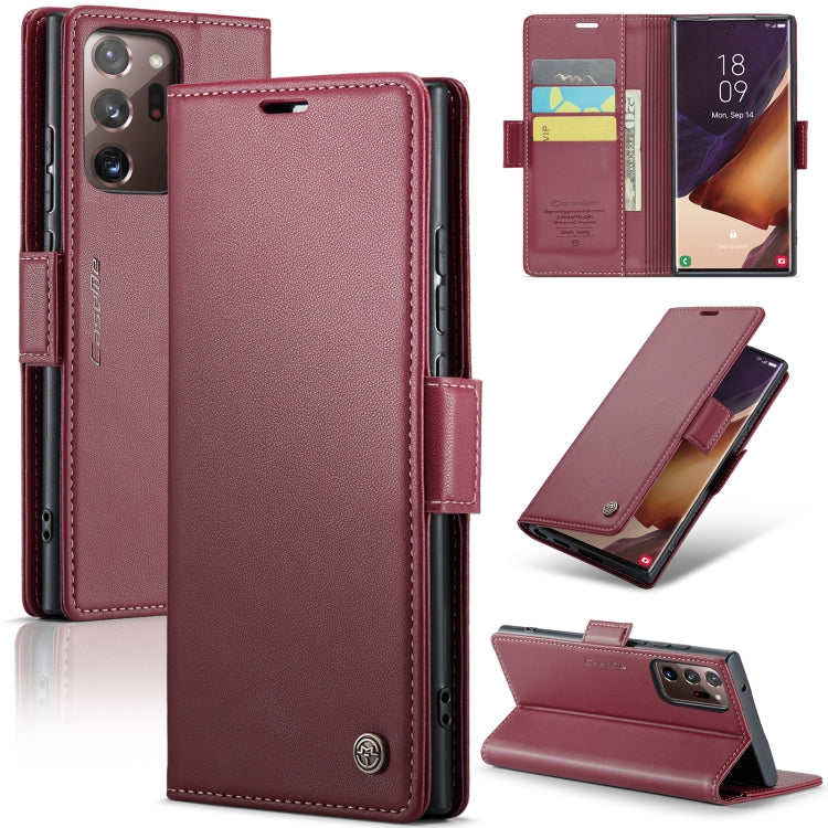 CaseMe 023 Butterfly Buckle Litchi Texture RFID Anti-theft Leather Phone Case – Card Slot, Leather, TPU, For Samsung Galaxy S21+ 5G, For Samsung Galaxy S21 Ultra 5G, For Samsung Galaxy Note20 Ultra, For Samsung Galaxy S20 Ultra For Samsung Galaxy Note20 Ultra Wine Red