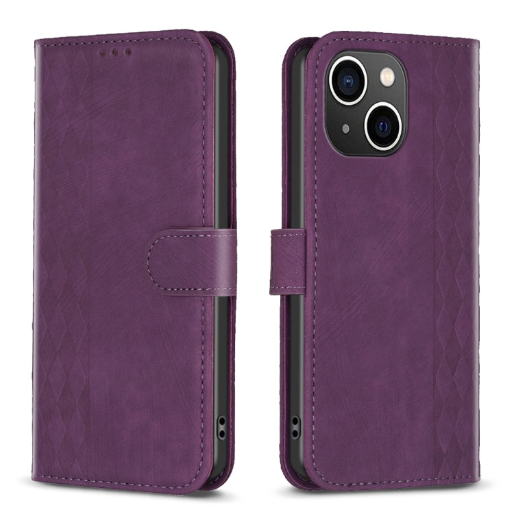 Plaid Embossed Leather Phone Case – Wear-resistant, Card Slot, Kickstand, For iPhone 15 Pro Max, For iPhone 14, For iPhone 14 Plus, For iPhone 14 Pro For iPhone 14 Plus Purple
