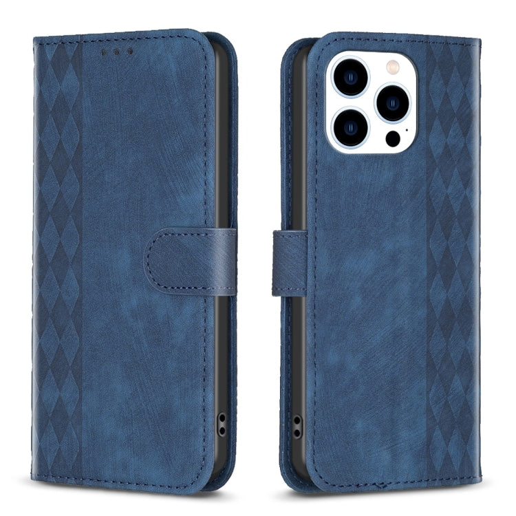 Plaid Embossed Leather Phone Case – Wear-resistant, Card Slot, Kickstand, For iPhone 15 Pro Max, For iPhone 14, For iPhone 14 Plus, For iPhone 14 Pro For iPhone 14 Pro Blue