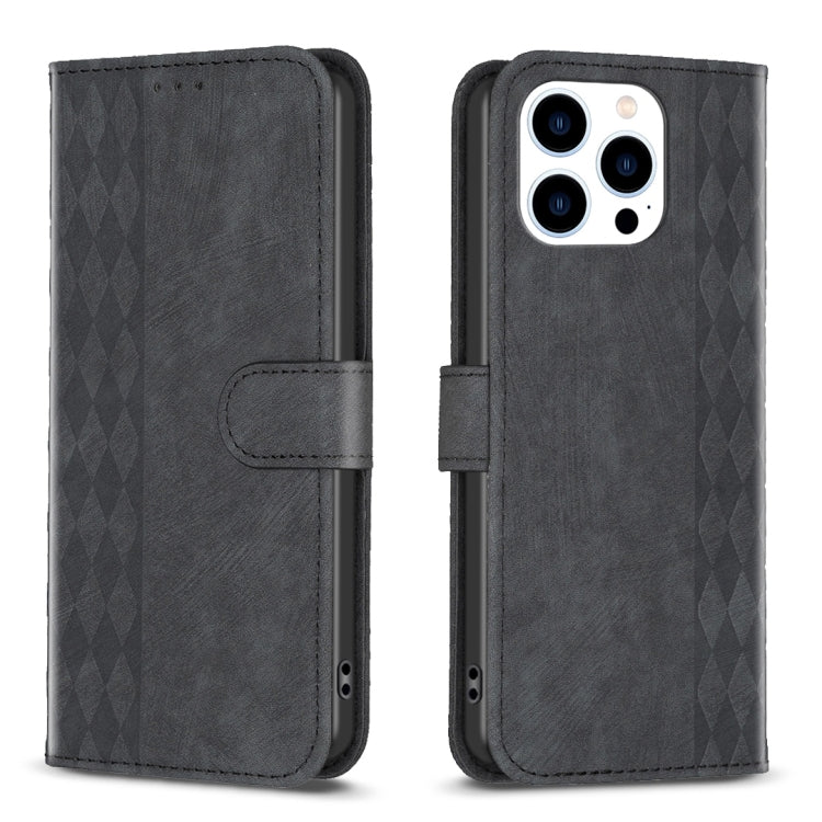 Plaid Embossed Leather Phone Case – Wear-resistant, Card Slot, Kickstand, For iPhone 15 Pro Max, For iPhone 14, For iPhone 14 Plus, For iPhone 14 Pro For iPhone 14 Pro Black