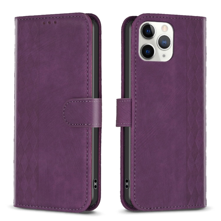 Plaid Embossed Leather Phone Case – Wear-resistant, Card Slot, Kickstand, For iPhone 15 Plus, For iPhone 11 Pro, For iPhone 11 Pro Max, For iPhone X / XS For iPhone 11 Pro Max Purple