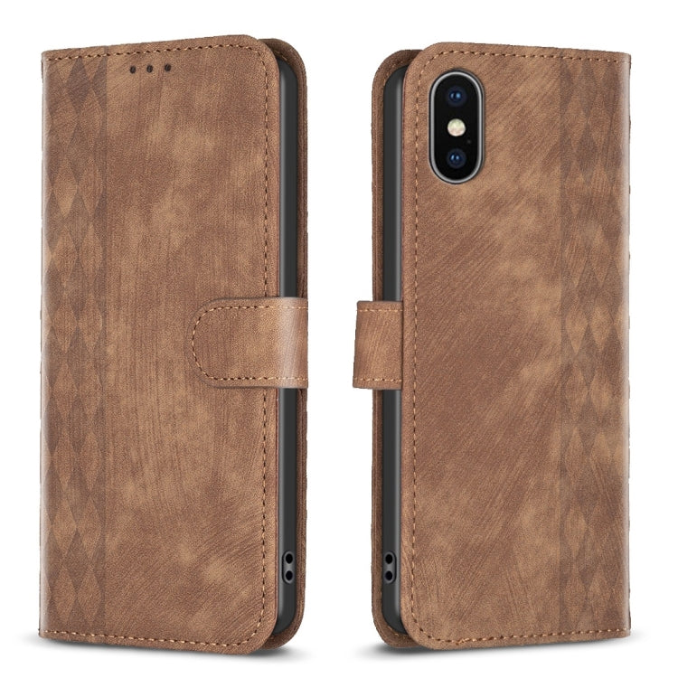 Plaid Embossed Leather Phone Case – Wear-resistant, Card Slot, Kickstand, For iPhone 15 Plus, For iPhone 11 Pro, For iPhone 11 Pro Max, For iPhone X / XS For iPhone X XS Brown