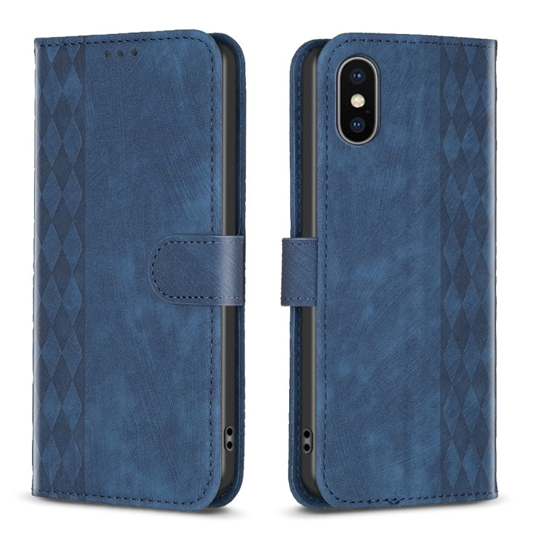 Plaid Embossed Leather Phone Case – Wear-resistant, Card Slot, Kickstand, For iPhone 15 Plus, For iPhone 11 Pro, For iPhone 11 Pro Max, For iPhone X / XS For iPhone X XS Blue