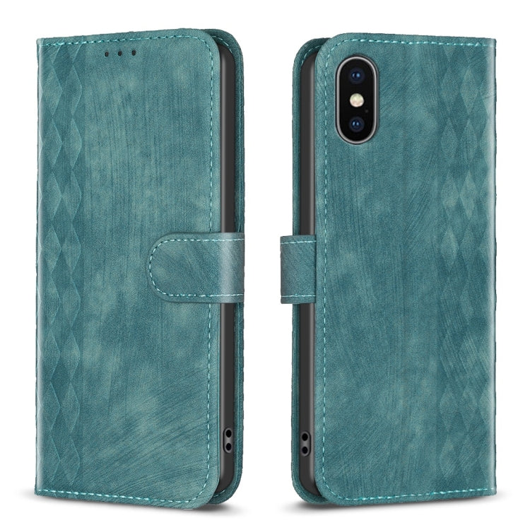 Plaid Embossed Leather Phone Case – Wear-resistant, Card Slot, Kickstand, For iPhone 15 Plus, For iPhone 11 Pro, For iPhone 11 Pro Max, For iPhone X / XS For iPhone X XS Green