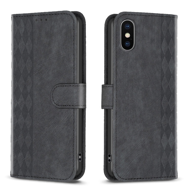 Plaid Embossed Leather Phone Case – Wear-resistant, Card Slot, Kickstand, For iPhone 15 Plus, For iPhone 11 Pro, For iPhone 11 Pro Max, For iPhone X / XS For iPhone X XS Black