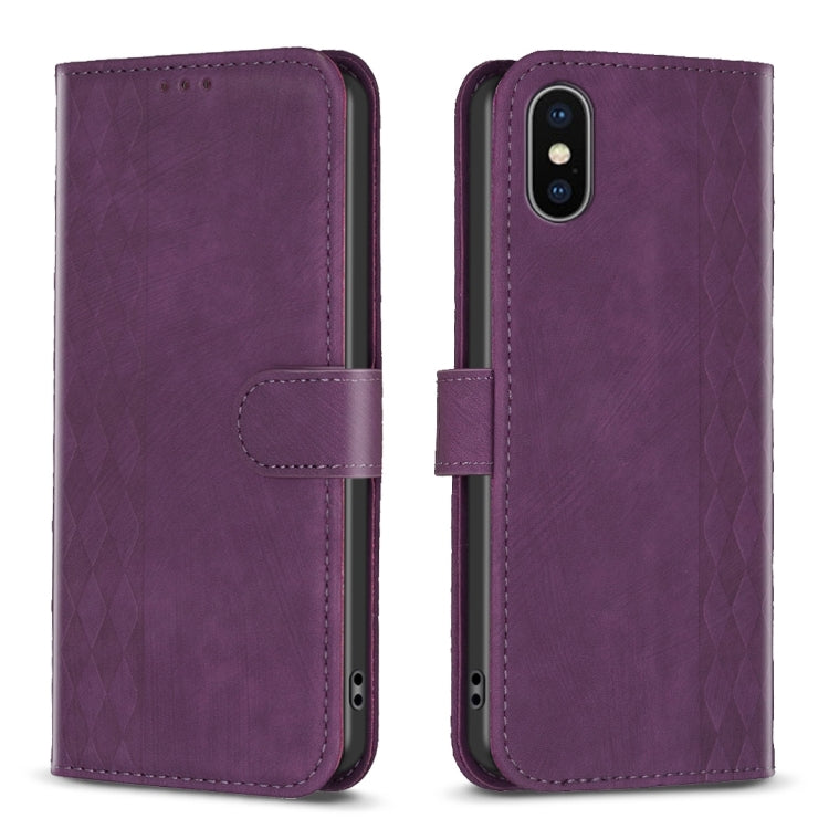 Plaid Embossed Leather Phone Case – Wear-resistant, Card Slot, Kickstand, For iPhone 15 Plus, For iPhone 11 Pro, For iPhone 11 Pro Max, For iPhone X / XS For iPhone X XS Purple