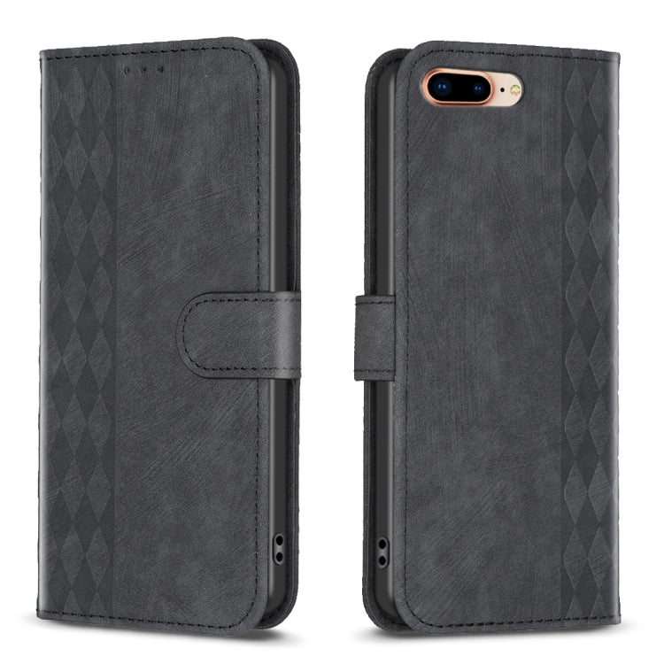 Plaid Embossed Leather Phone Case – Wear-resistant, Card Slot, Kickstand, For iPhone 7 Plus / 8 Plus For iPhone 7 Plus 8 Plus Black