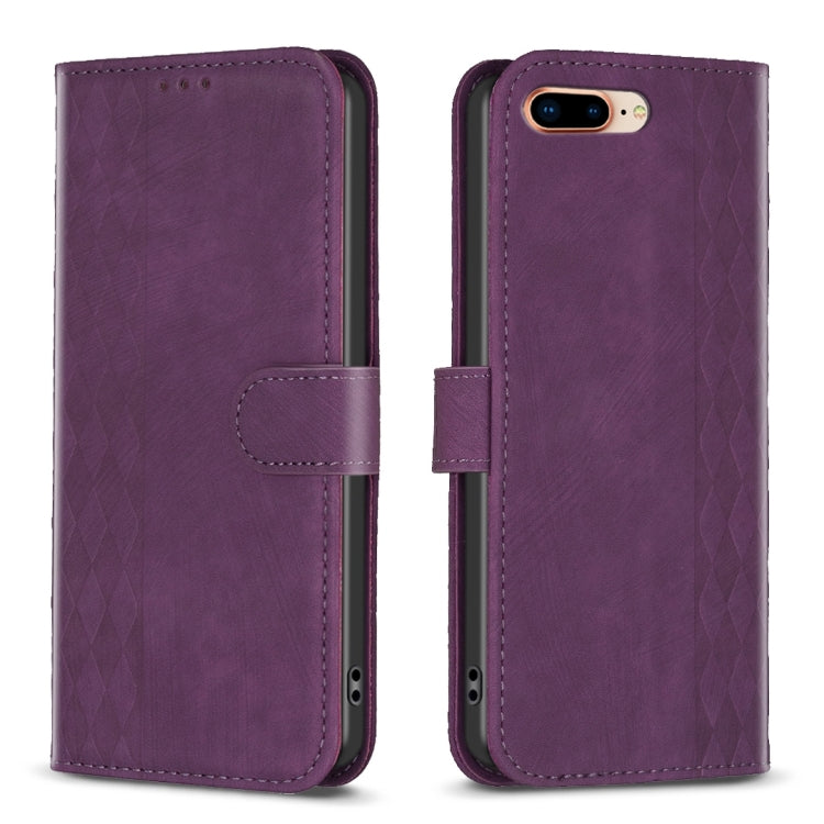 Plaid Embossed Leather Phone Case – Wear-resistant, Card Slot, Kickstand, For iPhone 7 Plus / 8 Plus For iPhone 7 Plus 8 Plus Purple
