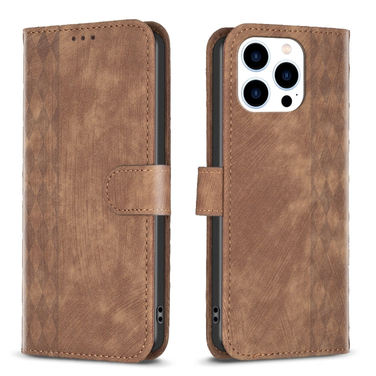 Plaid Embossed Leather Phone Case, For iPhone 15 Pro Max, For iPhone 14, For iPhone 14 Plus, For iPhone 14 Pro For iPhone 15 Pro Max Brown