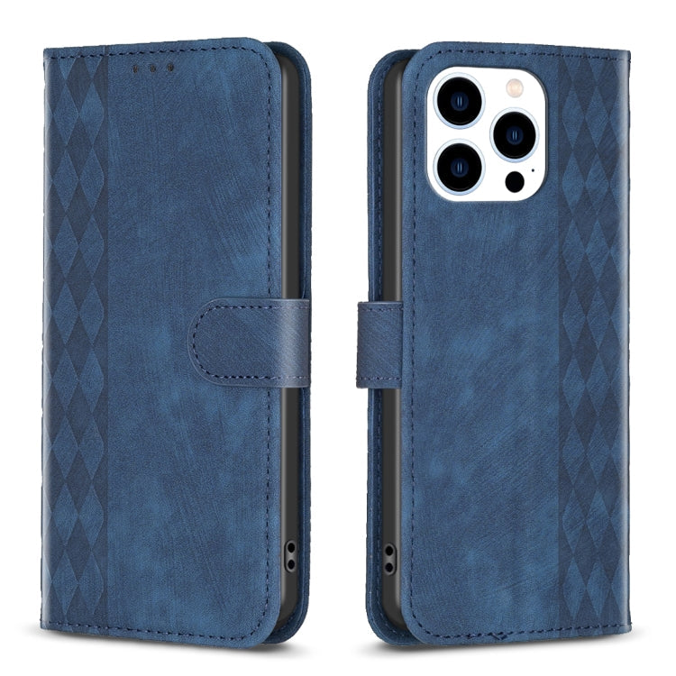 Plaid Embossed Leather Phone Case – Wear-resistant, Card Slot, Kickstand, For iPhone 15 Pro Max, For iPhone 14, For iPhone 14 Plus, For iPhone 14 Pro For iPhone 15 Pro Max Blue