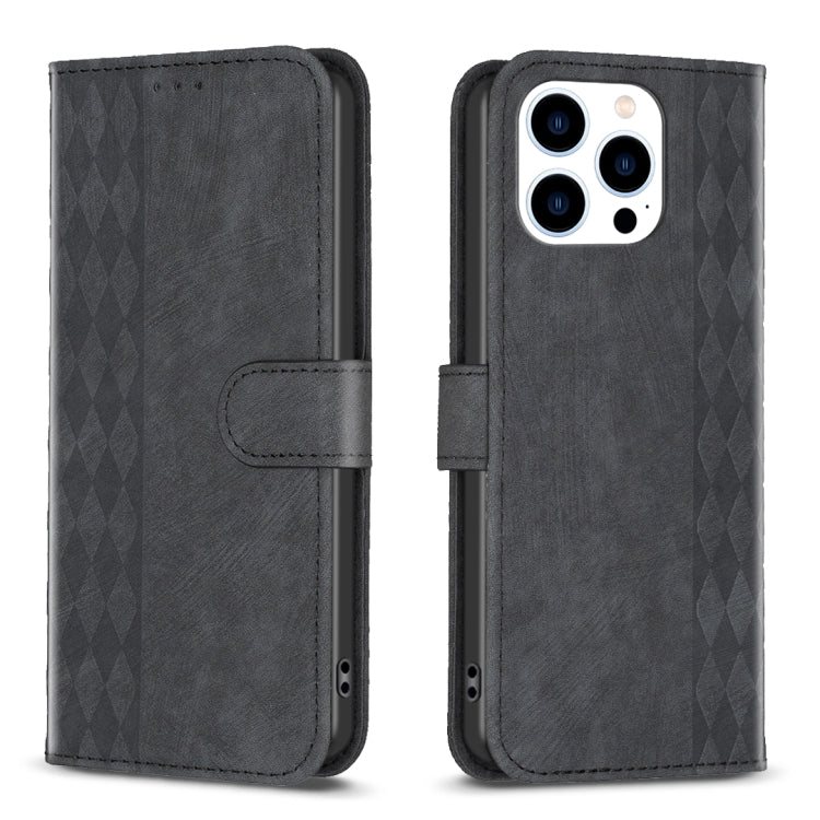 Plaid Embossed Leather Phone Case – Wear-resistant, Card Slot, Kickstand, For iPhone 15 Pro Max, For iPhone 14, For iPhone 14 Plus, For iPhone 14 Pro For iPhone 15 Pro Max Black