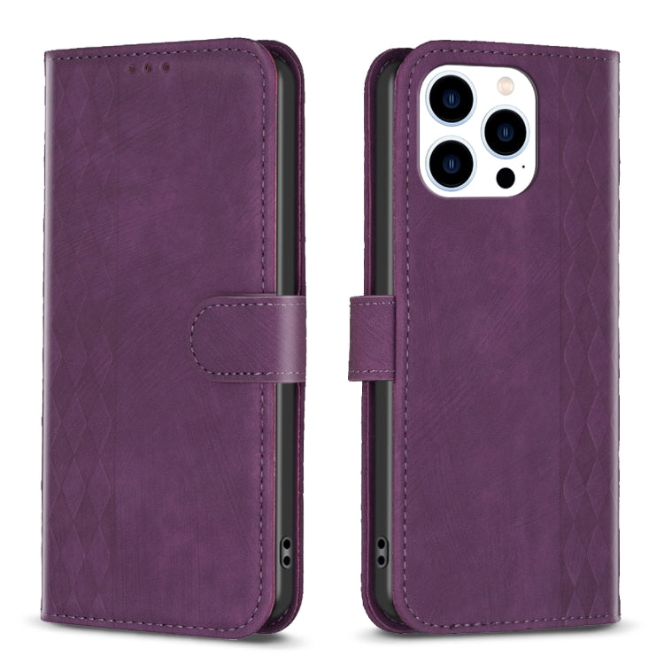 Plaid Embossed Leather Phone Case – Wear-resistant, Card Slot, Kickstand, For iPhone 15 Pro Max, For iPhone 14, For iPhone 14 Plus, For iPhone 14 Pro For iPhone 15 Pro Max Purple