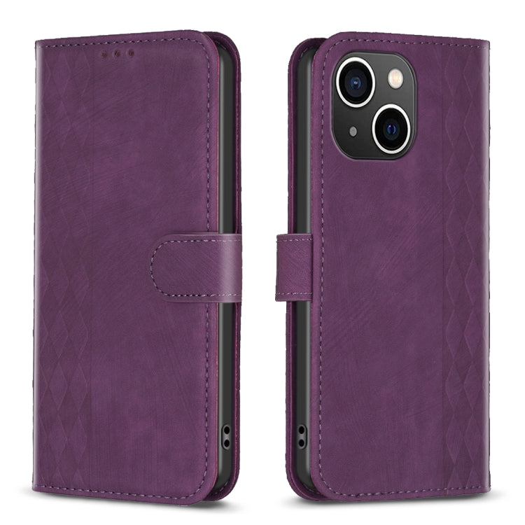 Plaid Embossed Leather Phone Case – Wear-resistant, Card Slot, Kickstand, For iPhone 15 Plus, For iPhone 11 Pro, For iPhone 11 Pro Max, For iPhone X / XS For iPhone 15 Plus Purple