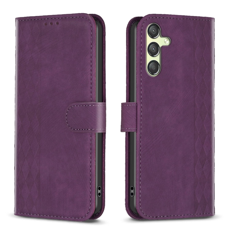 Plaid Embossed Leather Phone Case – Wear-resistant, Card Slot, Kickstand, For Samsung Galaxy A14 4G/5G, For Samsung Galaxy A22 4G, For Samsung Galaxy A23, For Samsung Galaxy A24 4G For Samsung Galaxy A24 4G Purple