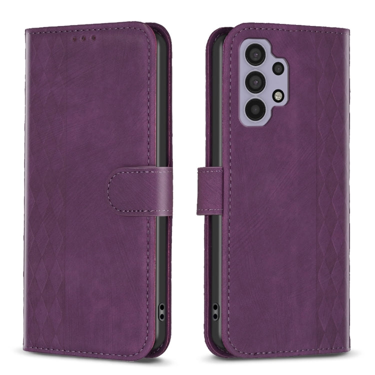 Plaid Embossed Leather Phone Case – Wear-resistant, Card Slot, Kickstand, For Samsung Galaxy A31, For Samsung Galaxy A32 4G, For Samsung Galaxy A32 5G, For Samsung Galaxy A33 For Samsung Galaxy A32 4G Purple