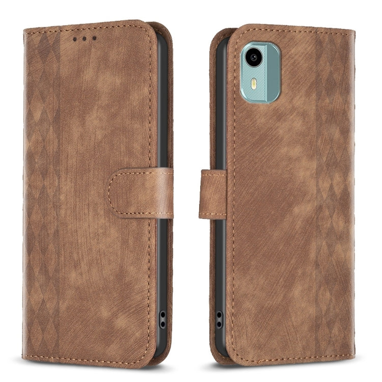 Plaid Embossed Leather Phone Case – Wear-resistant, Card Slot, Kickstand, For Nokia C12, For Nokia G42/G310, For Nokia C22, For Nokia C32 For Nokia C12 Brown