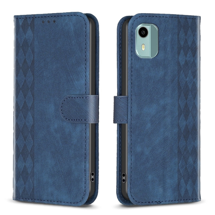 Plaid Embossed Leather Phone Case – Wear-resistant, Card Slot, Kickstand, For Nokia C12, For Nokia G42/G310, For Nokia C22, For Nokia C32 For Nokia C12 Blue