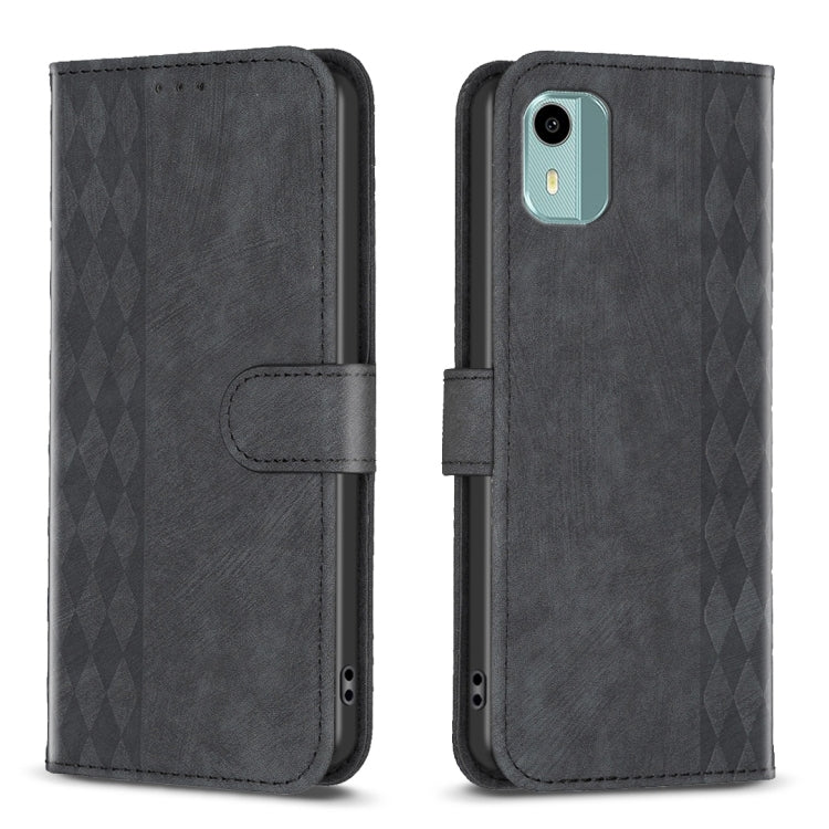 Plaid Embossed Leather Phone Case – Wear-resistant, Card Slot, Kickstand, For Nokia C12, For Nokia G42/G310, For Nokia C22, For Nokia C32 For Nokia C12 Black