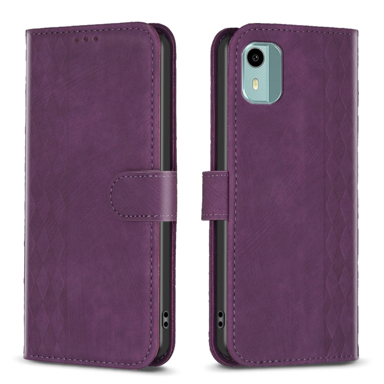 Plaid Embossed Leather Phone Case – Wear-resistant, Card Slot, Kickstand, For Nokia C12, For Nokia G42/G310, For Nokia C22, For Nokia C32 For Nokia C12 Purple